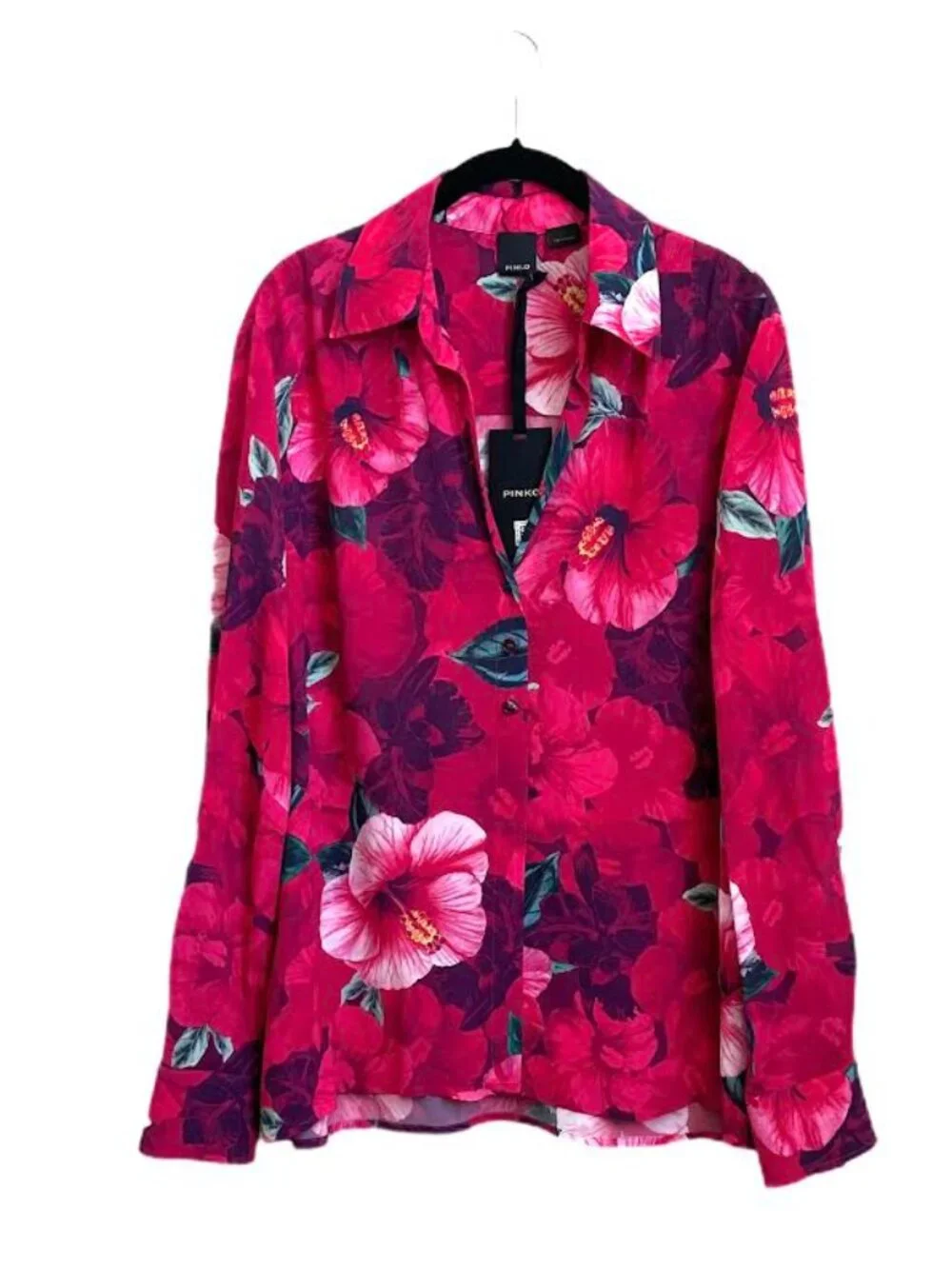 PINKO Happy Hibiscus Floral Shirt Fuchsia Crepe de Chine